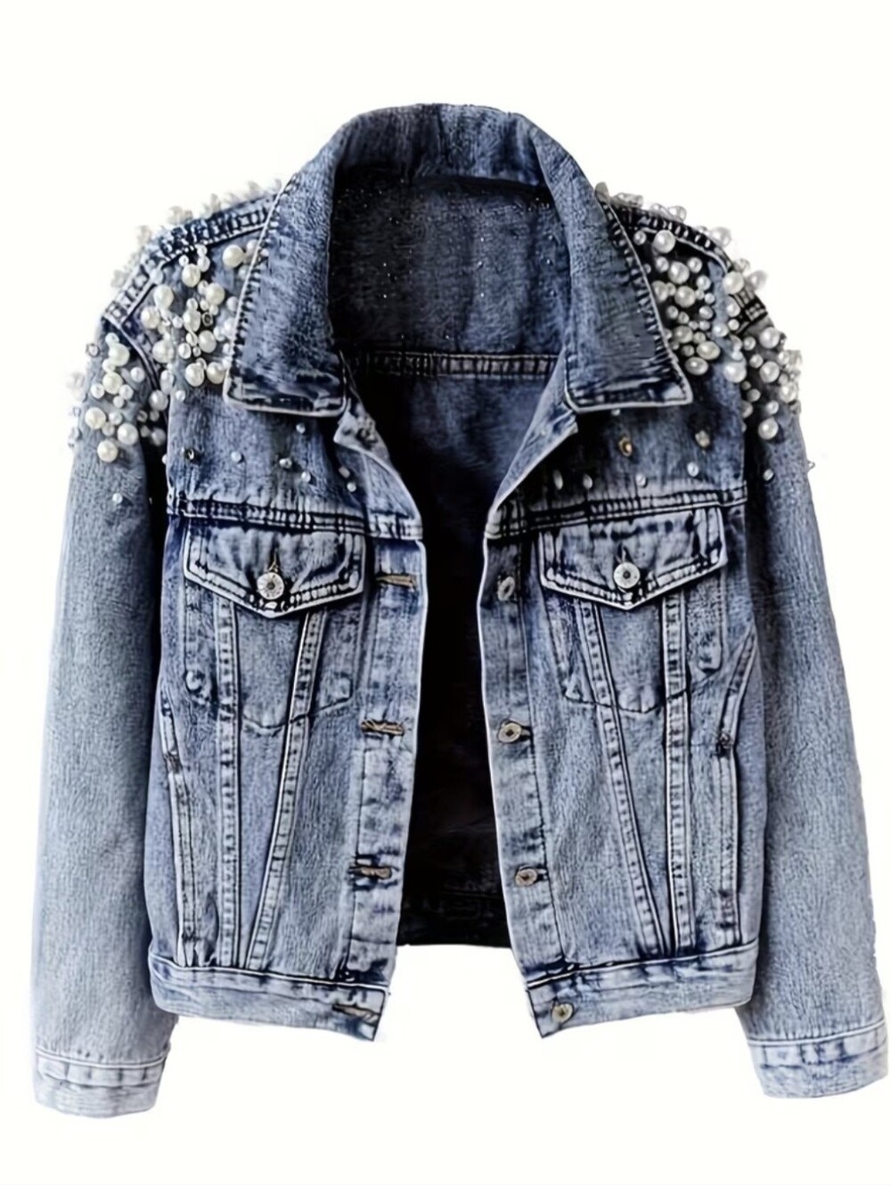 Ladies' Elastic Denim Jacket, Pearl Decorated Neckline, Short Style, All-season